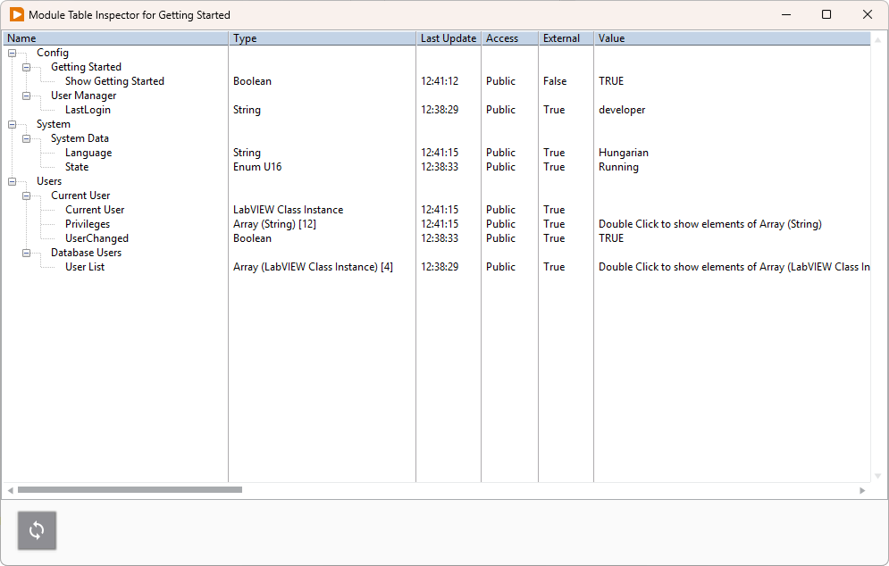Module Table Inspector Window